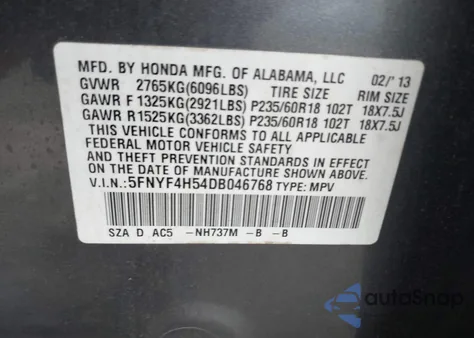 2013 Honda Pilot Ex-L z USA, uszkodzony, nr VIN 5FNYF4H54DB046768